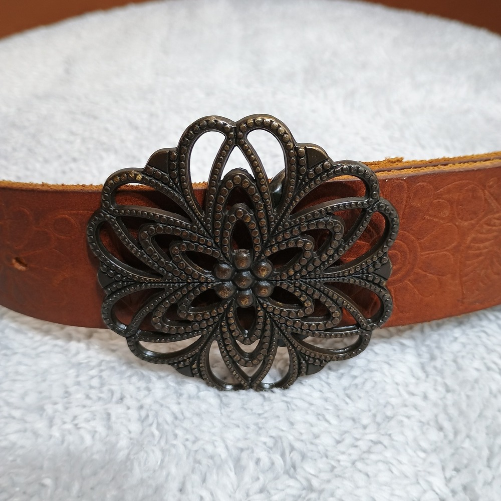 Candies Belt Womens Large Brown Leather Floral Embossed Filigree Buckle Boho